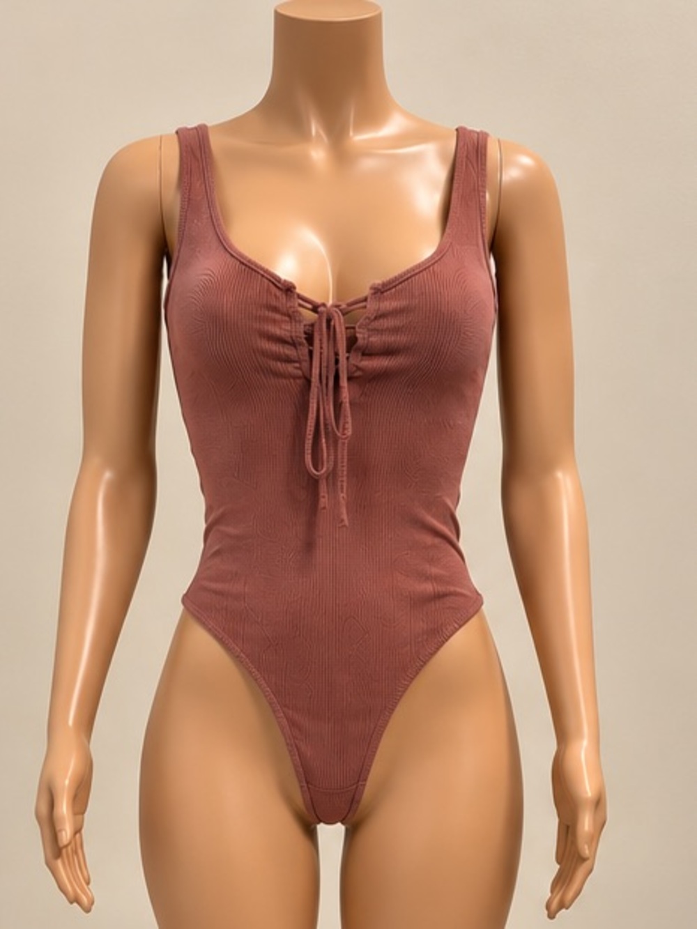 Tibi Mauve Ribbed Knit Lace Up Thong Bodysuit S NWOT
